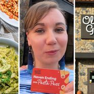 table with Pasta plates (l) woman shares Olive Garden experience (c) Olive Garden entrance (r)