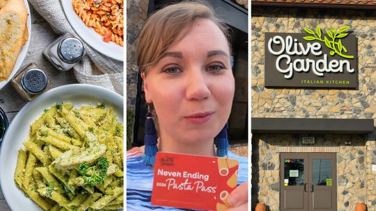 table with Pasta plates (l) woman shares Olive Garden experience (c) Olive Garden entrance (r)