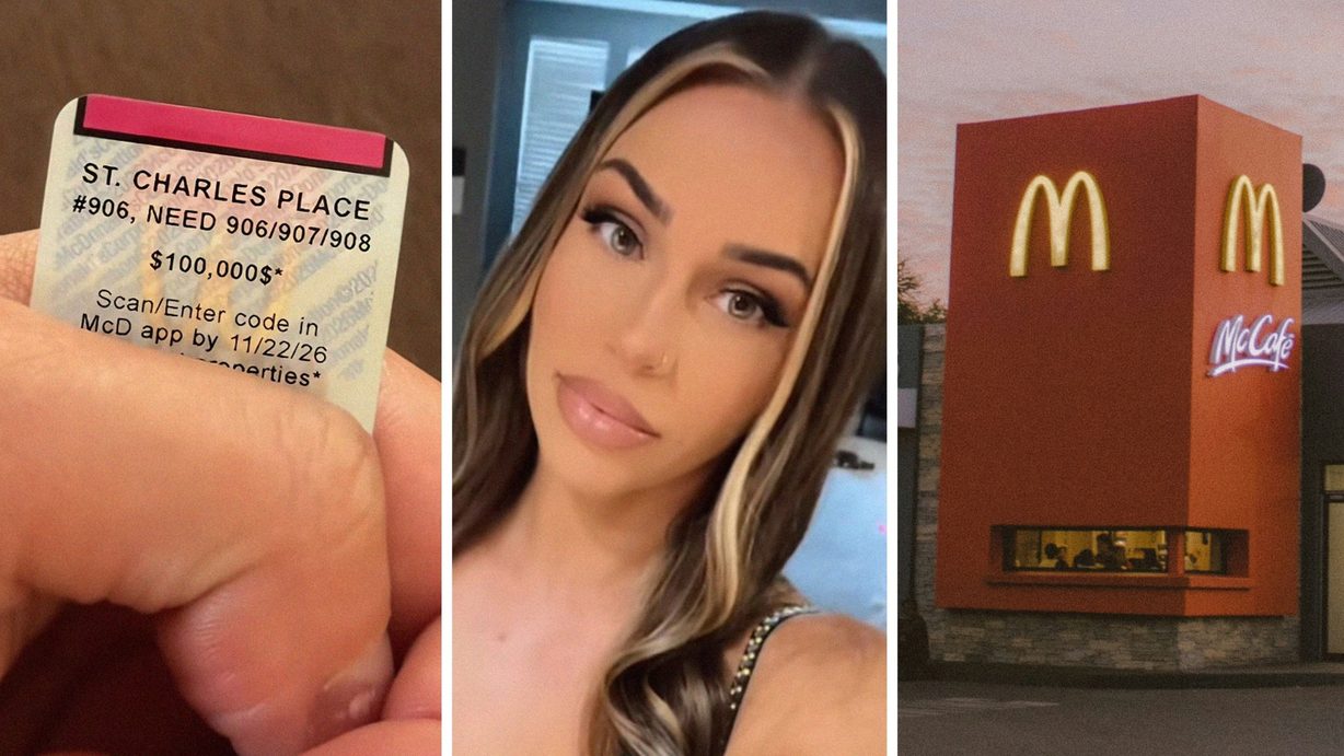 McDonalds ticket (l) woman shares McDonalds hack (c) McDonalds entrance (r)