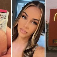 McDonalds ticket (l) woman shares McDonalds hack (c) McDonalds entrance (r)