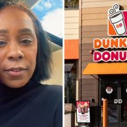 woman shares Dunkin' Donuts issue (l) Dunkin' Donuts entrance (r)