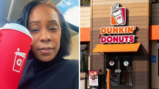 woman shares Dunkin' Donuts issue (l) Dunkin' Donuts entrance (r)