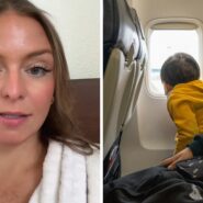 woman shares travelling experience (l) small kid on a flight (r)