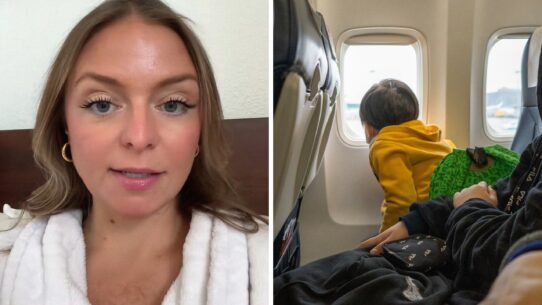 woman shares travelling experience (l) small kid on a flight (r)