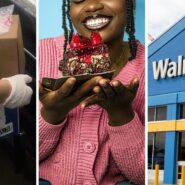 cake box (l) woman shares cake shopping experience (c) walmart storefront (r)