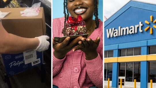 cake box (l) woman shares cake shopping experience (c) walmart storefront (r)