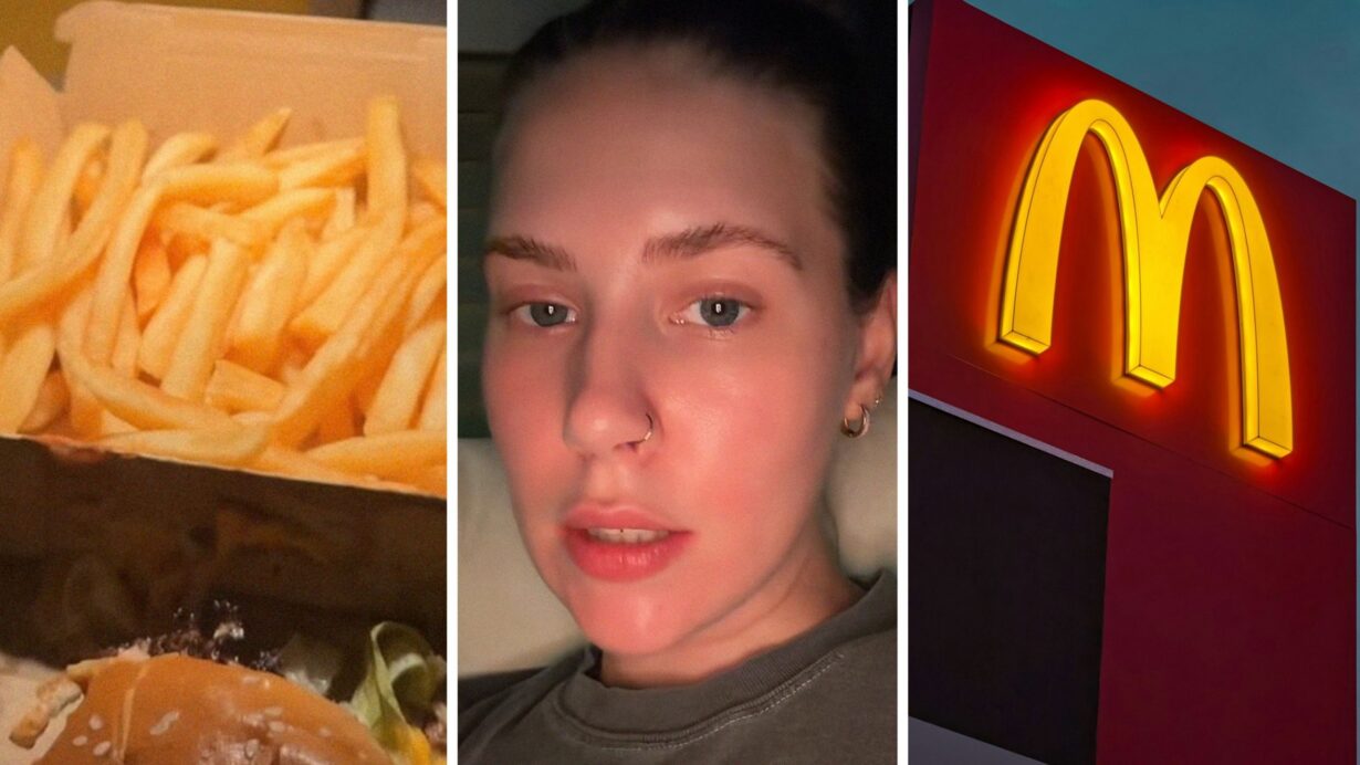 McDonalds fries (l) woman shares fries hack (c) McDonalds entrance (r)