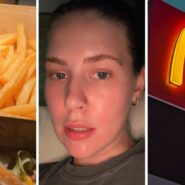 McDonalds fries (l) woman shares fries hack (c) McDonalds entrance (r)