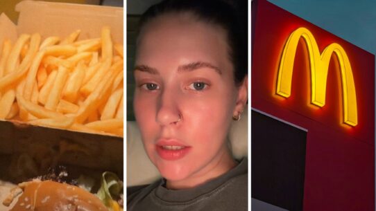 McDonalds fries (l) woman shares fries hack (c) McDonalds entrance (r)