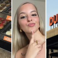 dunkin donuts (l) woman shares dunkin observation (c) Dunkin donuts shop (r)