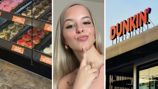dunkin donuts (l) woman shares dunkin observation (c) Dunkin donuts shop (r)