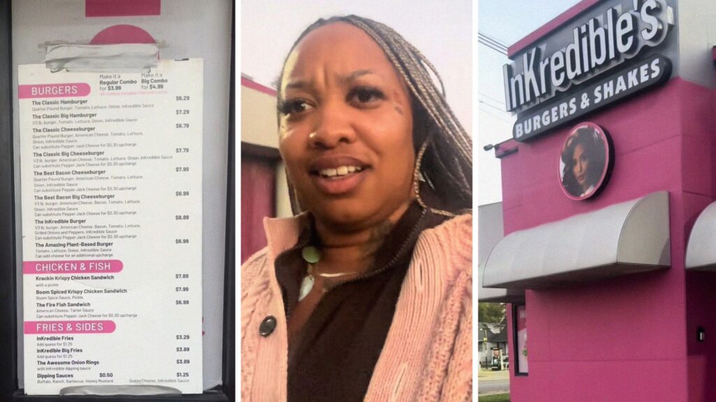 restaurant menu (l) woman shares restaurant experience (c) InKredible's restaurant (r)