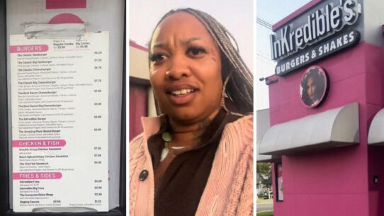 restaurant menu (l) woman shares restaurant experience (c) InKredible's restaurant (r)