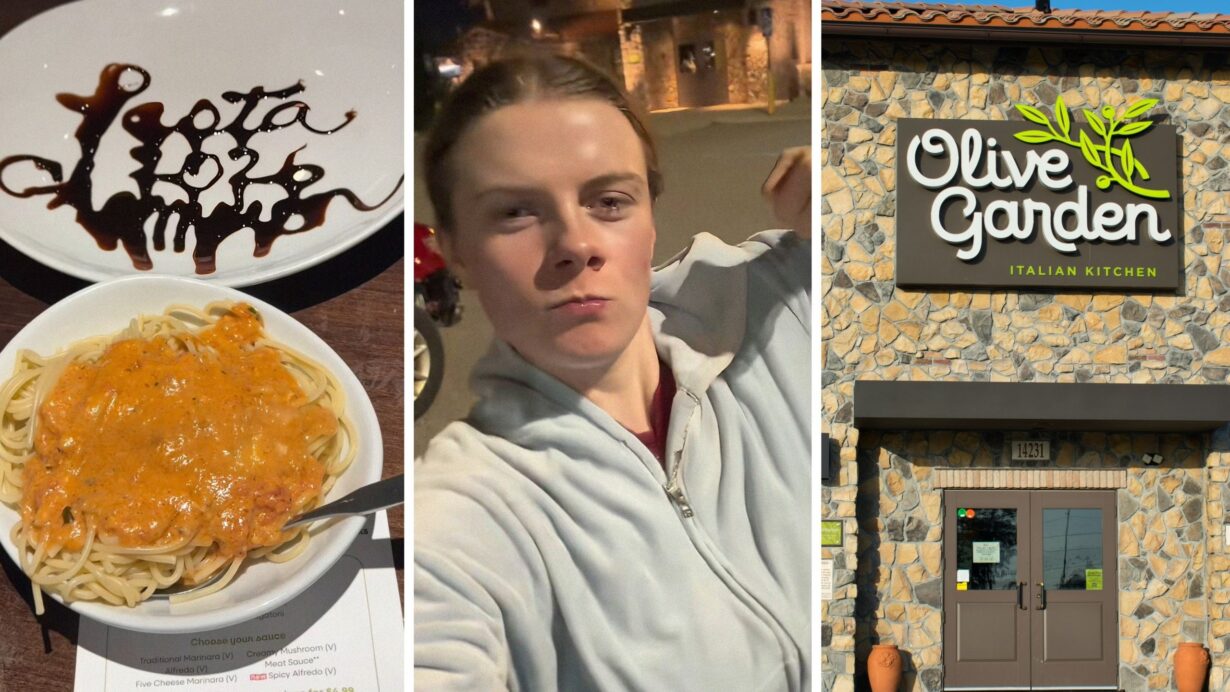 Alt: bowl of pasta (l) woman shares olive garden experience (c) Olive Garden entrance (r)