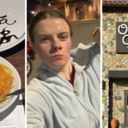 Alt: bowl of pasta (l) woman shares olive garden experience (c) Olive Garden entrance (r)