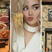Pasta Menu (l) woman eating pasta (c) Olive garden entrance (r)