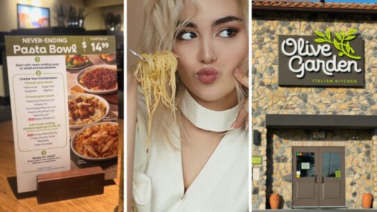 Pasta Menu (l) woman eating pasta (c) Olive garden entrance (r)