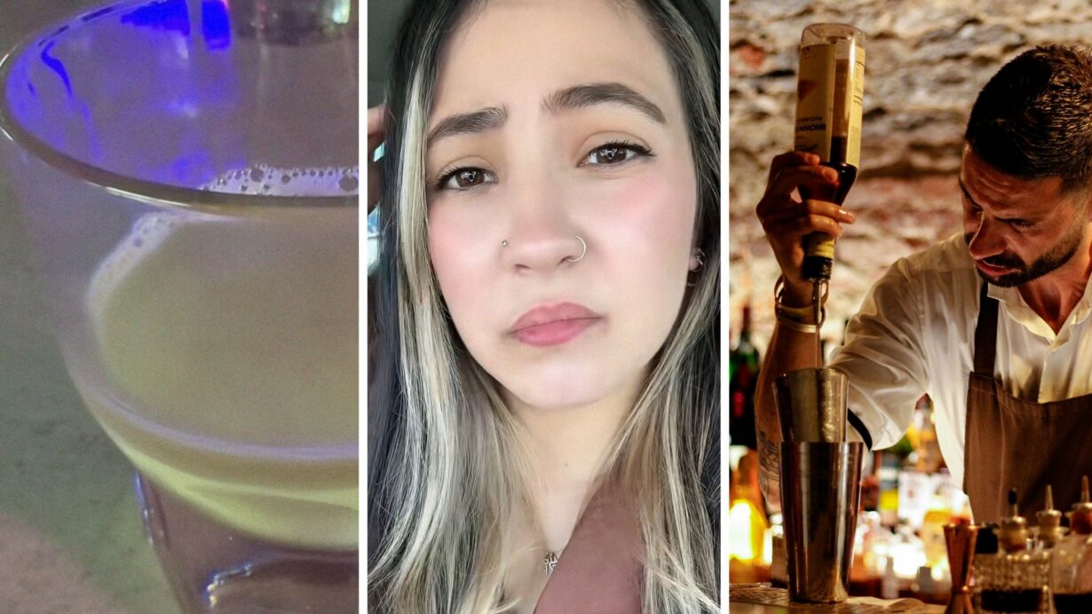 glass drink (l) woman shares bar experience (c) angry bartender mixing drink (r)