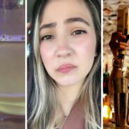 glass drink (l) woman shares bar experience (c) angry bartender mixing drink (r)