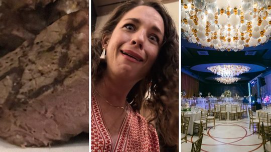 steak cuts (l) woman shares wedding food concern (c) wedding venue (r)