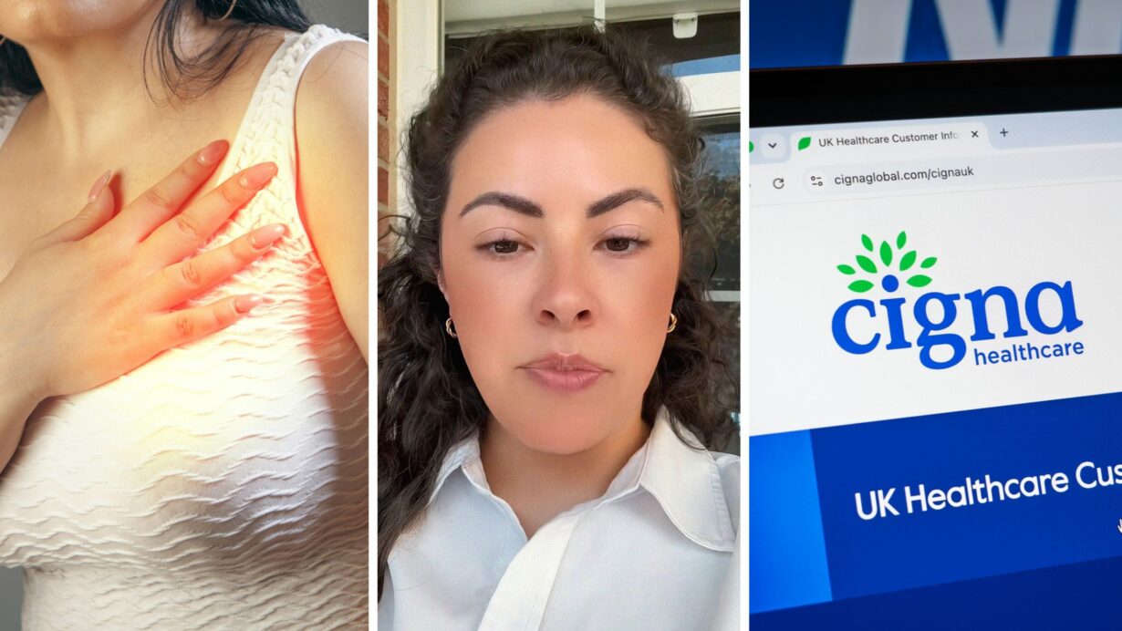 Alt: woman having a heart attack (l) woman shares insurance issue (c) Cigna health insurance (r)