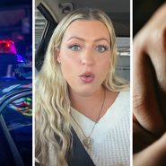 police car (l) woman shares scary life experience (c) engaged couple (r)