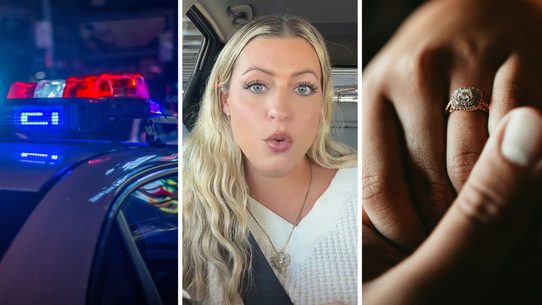police car (l) woman shares scary life experience (c) engaged couple (r)