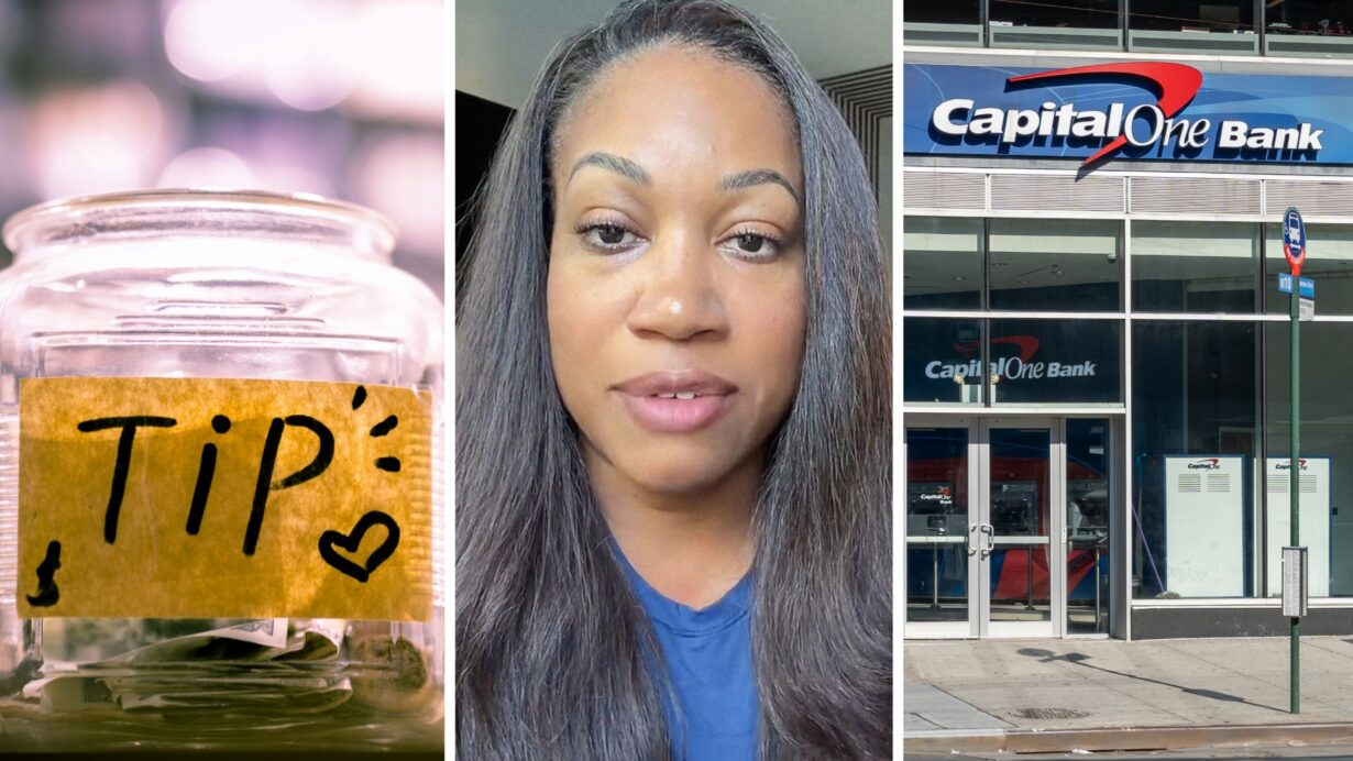 tip jar (l) woman shares restaurant issue (c) Capital One Bank (r)