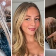 hair dandruff (l) woman shares hair issue (c) woman at the salon (r)