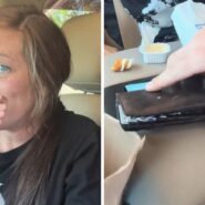 woman's face of concern (l) husbands wallet (r)