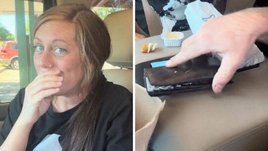 woman's face of concern (l) husbands wallet (r)