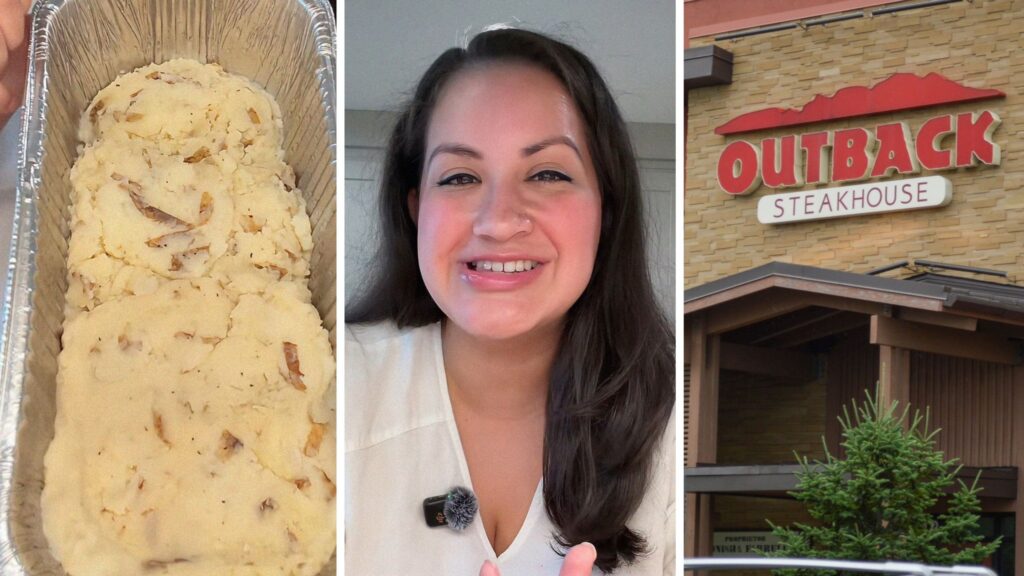 mashed poatoes (l) woman shares Outback experience (c) Outback entrance (r)