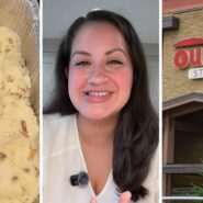 mashed poatoes (l) woman shares Outback experience (c) Outback entrance (r)