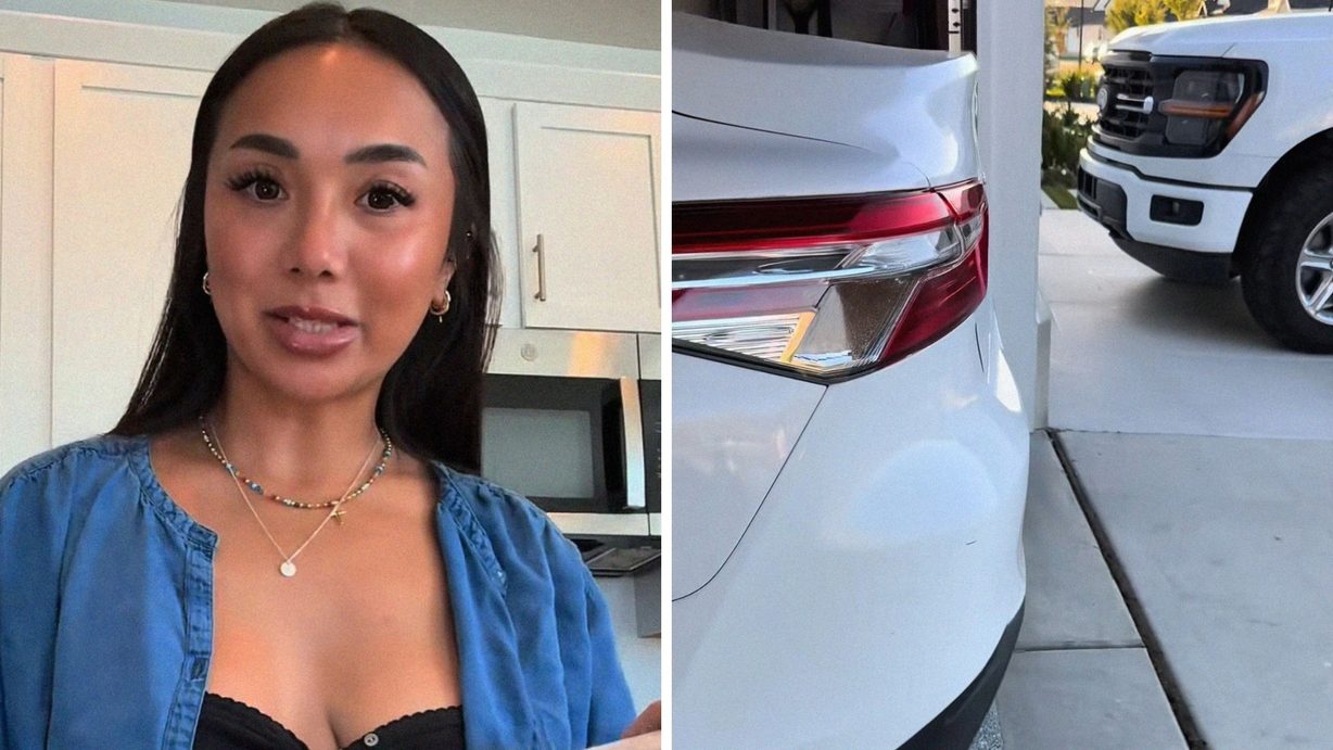woman shares parking issue (l) car parked in garage (r)