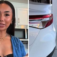 woman shares parking issue (l) car parked in garage (r)