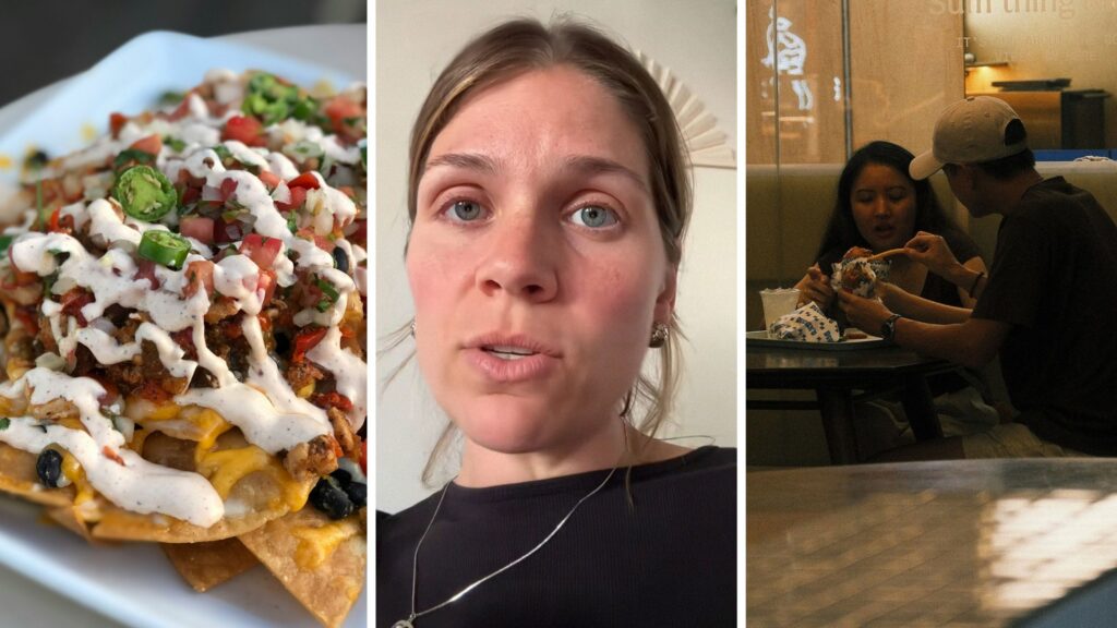 loaded nachos (l) woman shares the Nachos date theory (c) man and woman on a date (r)