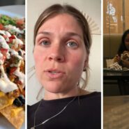 loaded nachos (l) woman shares the Nachos date theory (c) man and woman on a date (r)