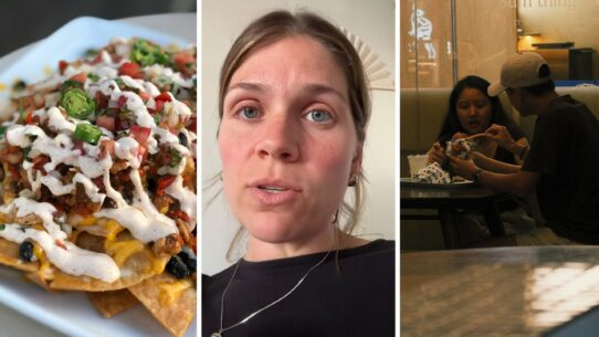 loaded nachos (l) woman shares the Nachos date theory (c) man and woman on a date (r)
