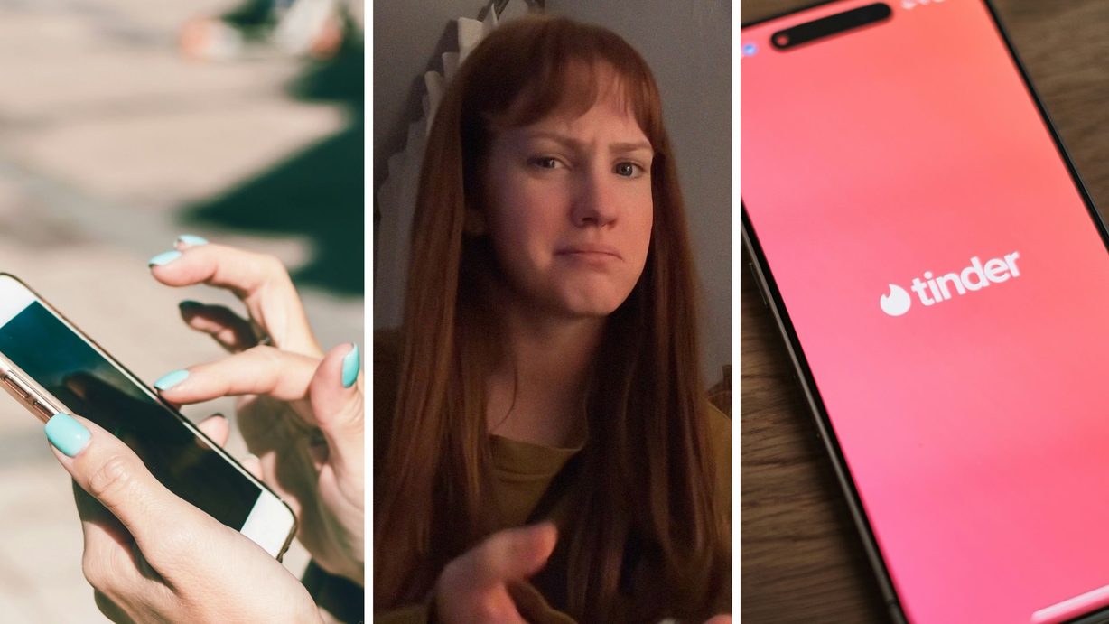 woman scrolling on her phone (l) woman shares Tinder observation (c) Tinder app (r)