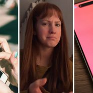 woman scrolling on her phone (l) woman shares Tinder observation (c) Tinder app (r)
