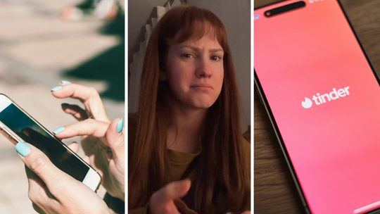 woman scrolling on her phone (l) woman shares Tinder observation (c) Tinder app (r)