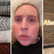 wool sweaters (l) woman shares opinion on Abercrombie’s new $85 wool sweaters (c) Abercrombie & Fitch storefront (r)