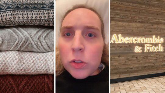 wool sweaters (l) woman shares opinion on Abercrombie’s new $85 wool sweaters (c) Abercrombie & Fitch storefront (r)