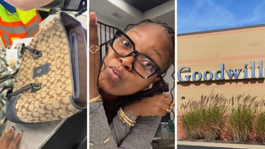 coach bag (l) woman shares Goodwill experience (c) Goodwill storefront (r)