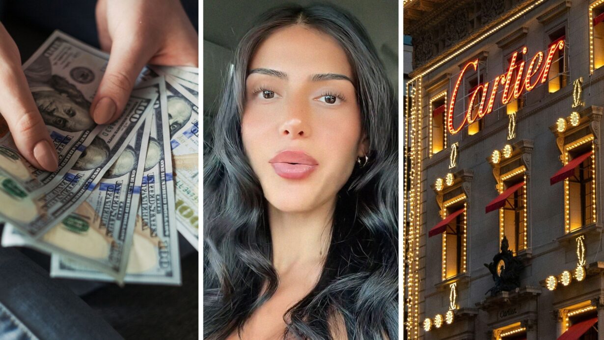 cash on hand (l) woman shares shopping experience (c) Cartier storefront (r)