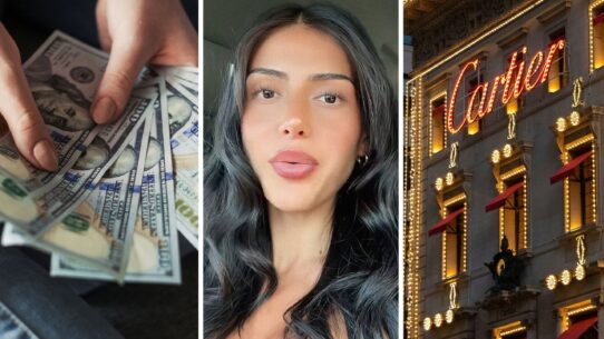 cash on hand (l) woman shares shopping experience (c) Cartier storefront (r)