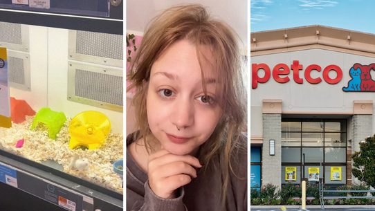 hamster cage (l) woman shares Petco encounter (c) Petco storefront (r)