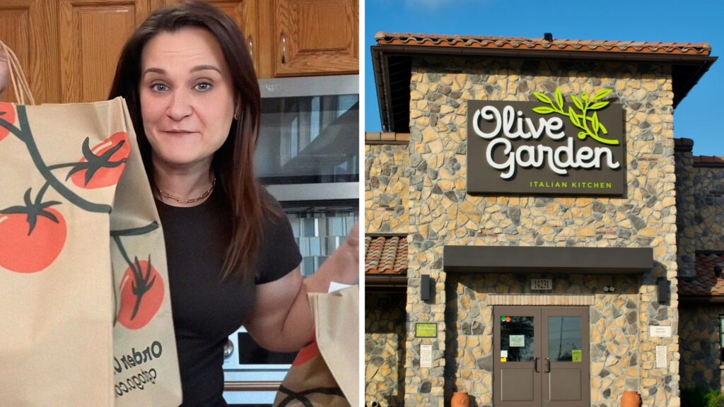 woman holding food order (l) Olive Garden entrance (r)