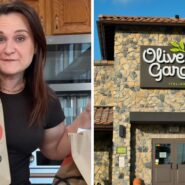 woman holding food order (l) Olive Garden entrance (r)