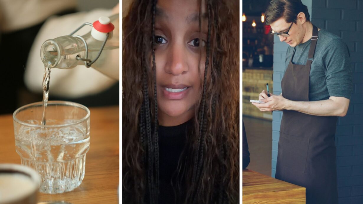 pouring a glass of water (l) woman shares restaurant tips (c) waiter asking customers if they would like water (r)